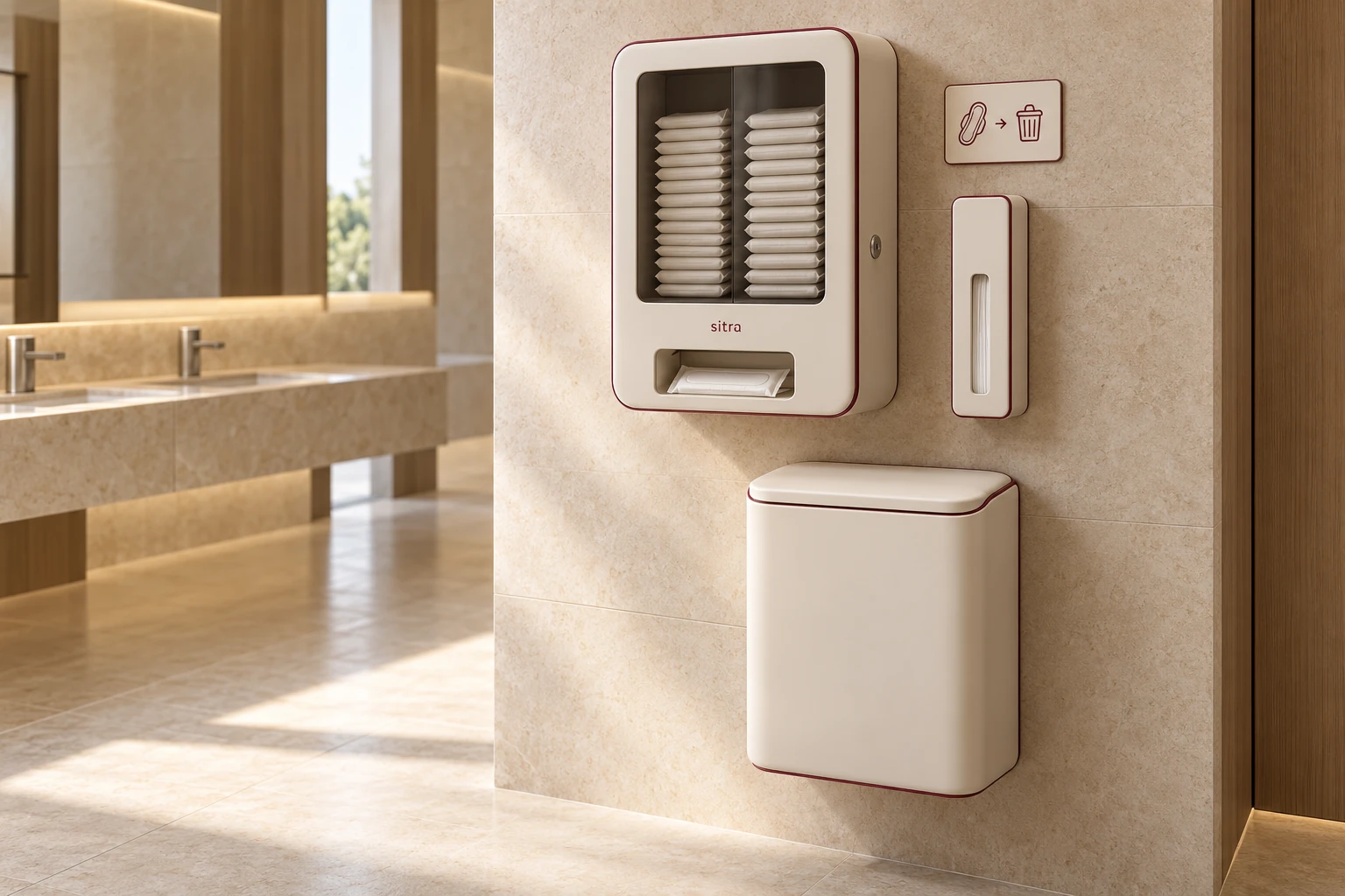 Sitra station design with a translucent stock panel, coordinated care supplies and a covered disposal bin in a washroom.