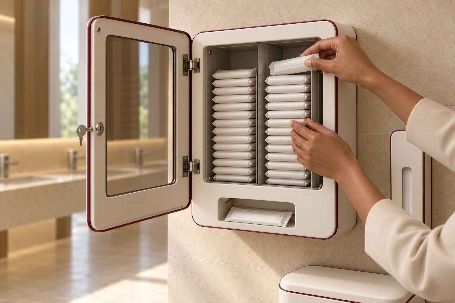 The pad unit with its service door open, showing organised supplies, refill access and the service lock.