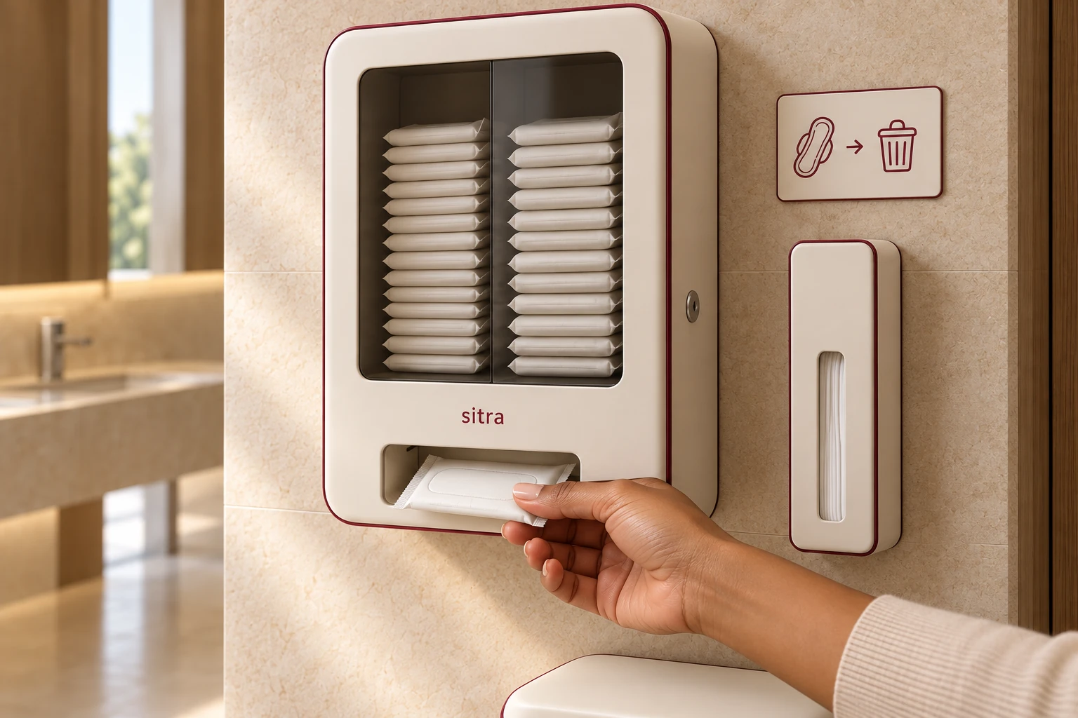 A woman’s hand taking a wrapped pad from the dispensing opening while the refill door stays closed.